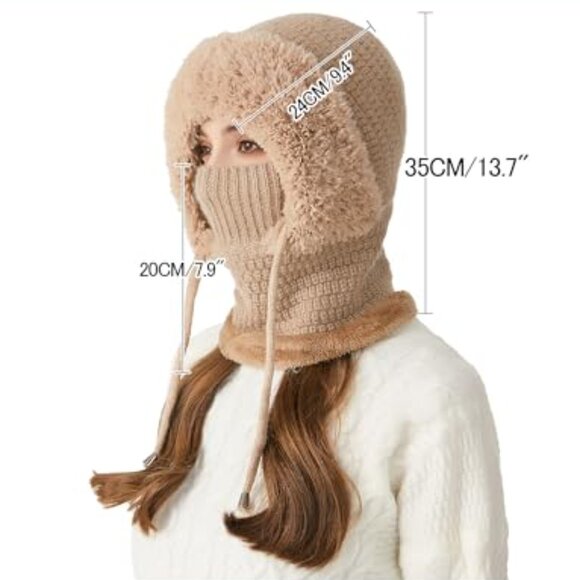 Fleece Lined Balaclava Knit Hat Scarf Mask One-Piece Winter Warm Cap